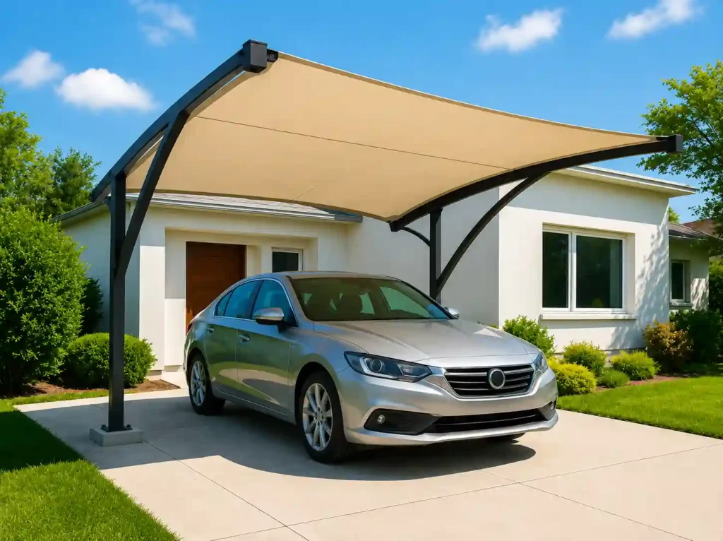 Modern residential tensile parking shade installed over a private car for weather protection .