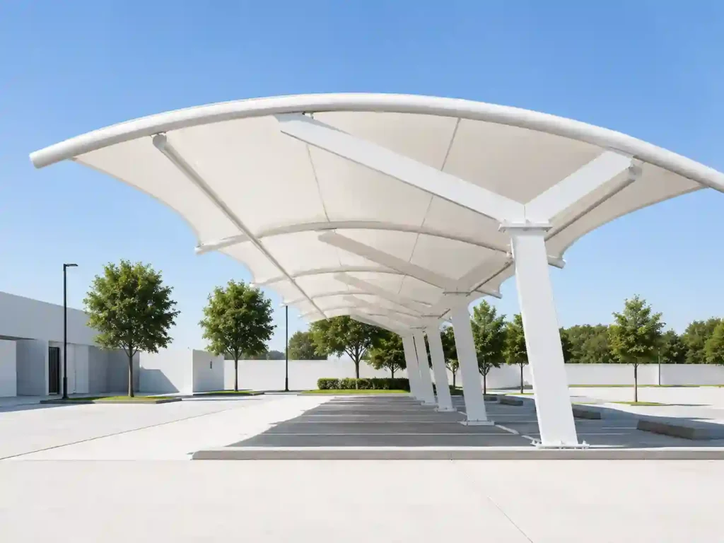 Modern white structure for car parking shade installation in Saudi Arabia.