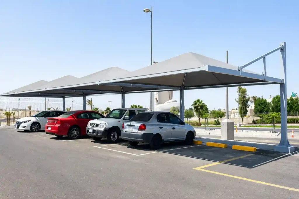 Outdoor fabric curtain providing shade and weather protection.