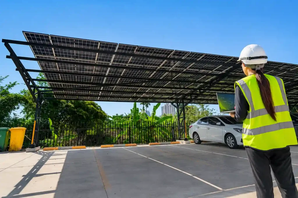 Professional inspecting a parking shade structure for maintenance