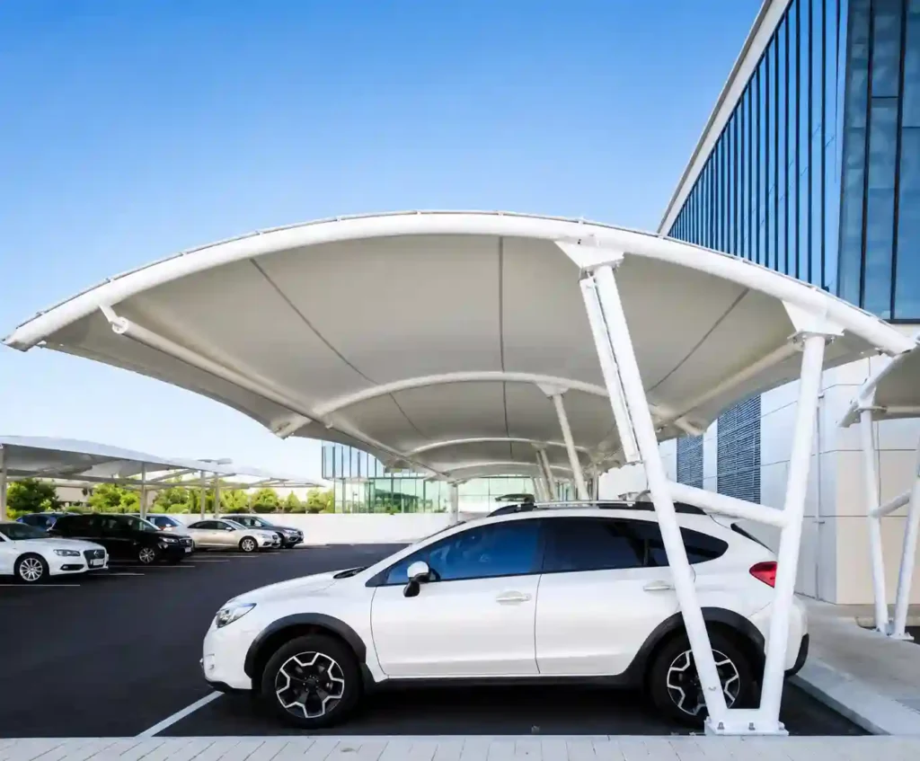 Premium canopy curtain installed beside modern buildings.