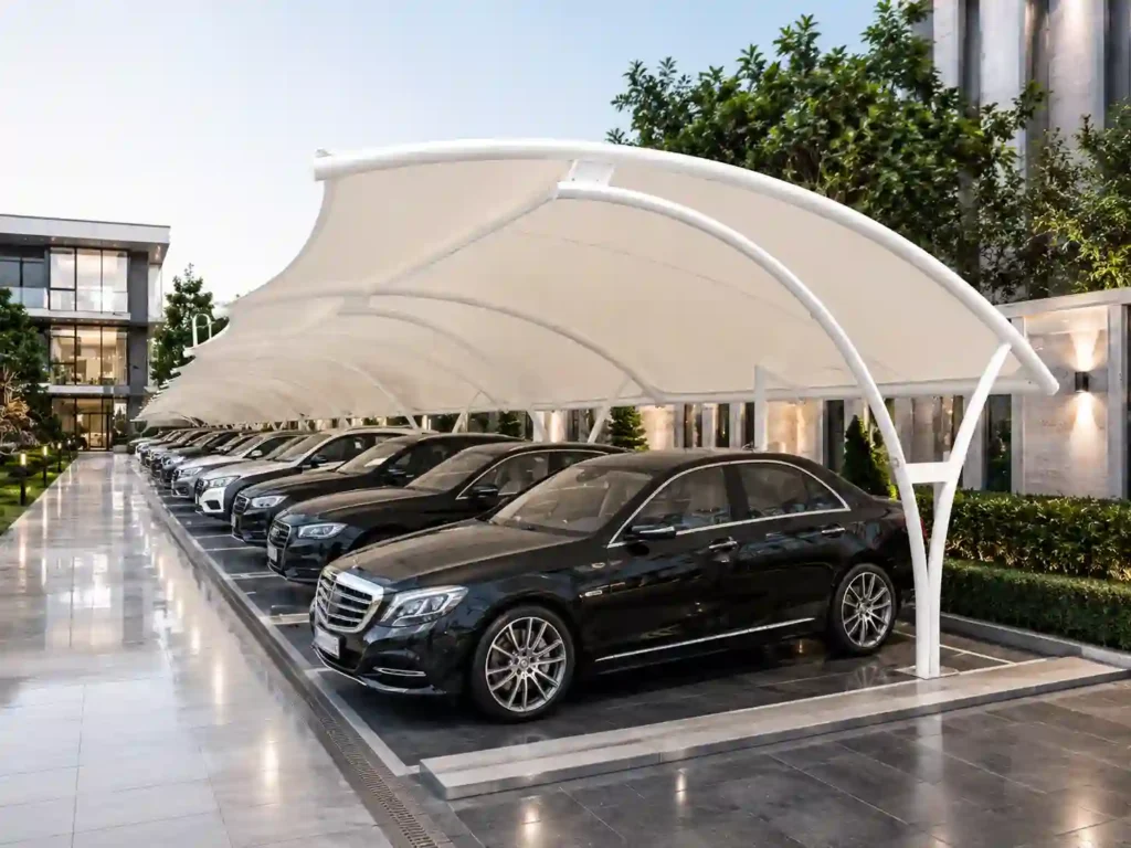 Premium tensile carport for car parking shade installation in Saudi Arabia.
