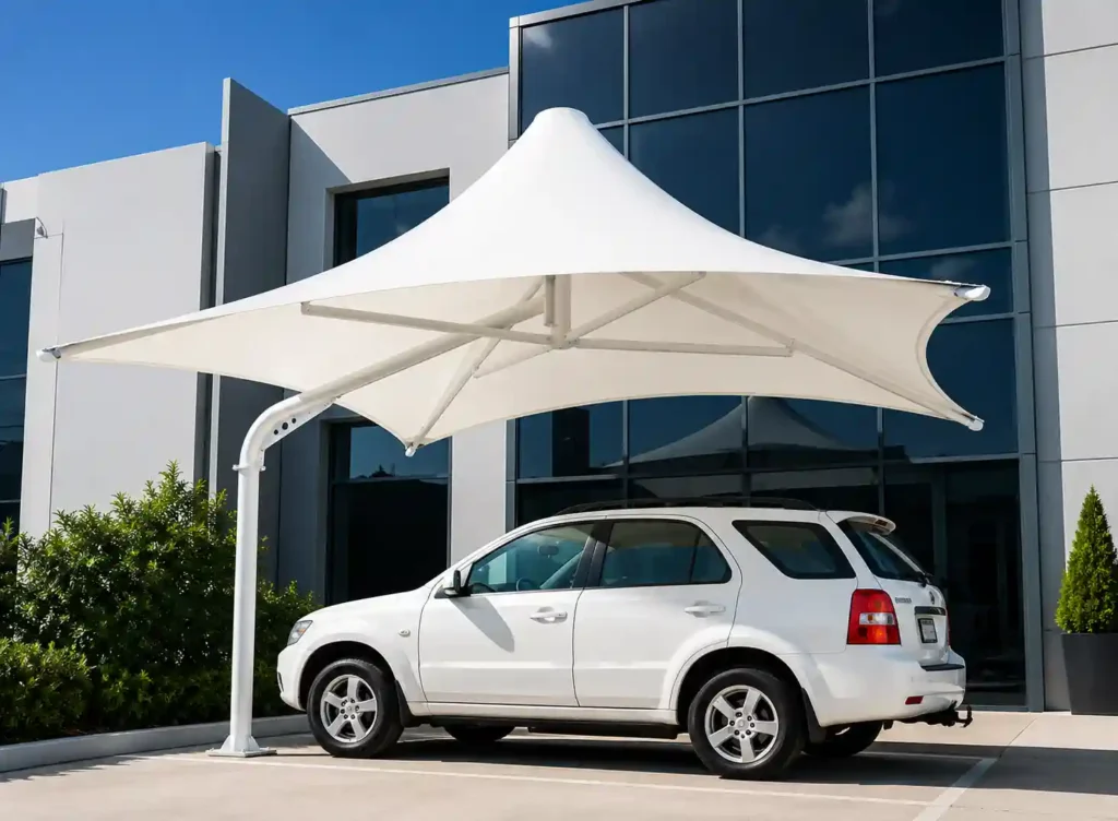 Pyramid tensile parking shade for villa and office parking spaces.