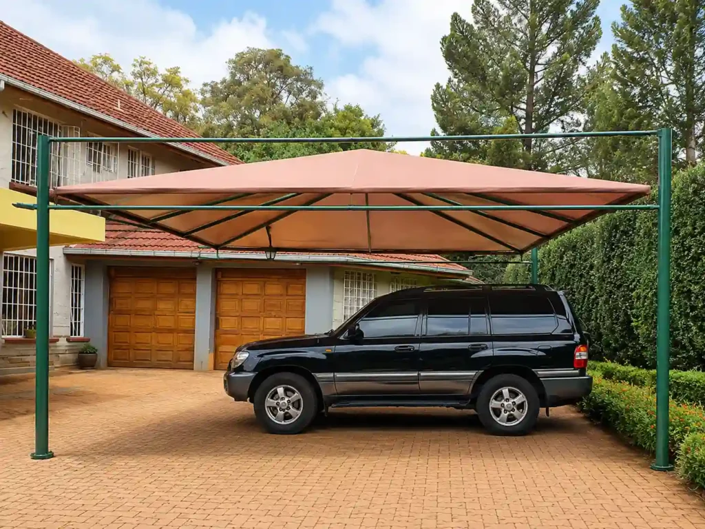 Residential car parking shade with metal frame.