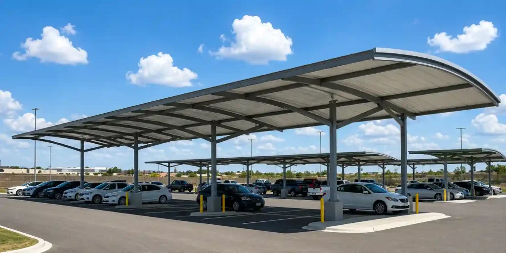 Steel frame canopy structure for multiple vehicle parking.