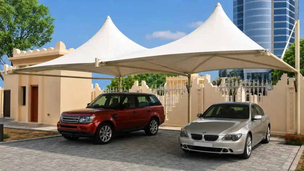 Modern tensile canopy used for car parking shade installation in Saudi Arabia.