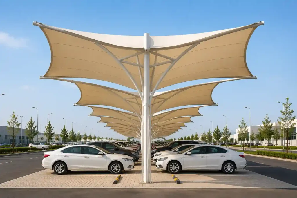 Umbrella parking shade installation in Riyadh for residential compounds.