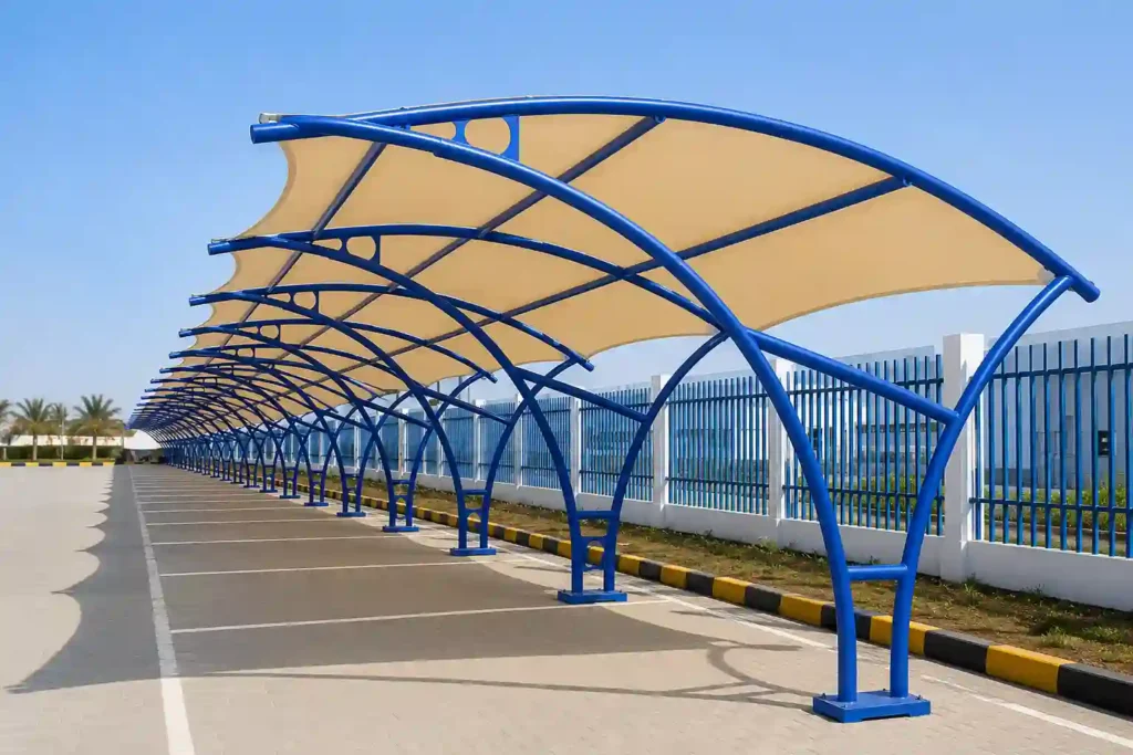 Wave tensile parking structure for large outdoor parking facilities.