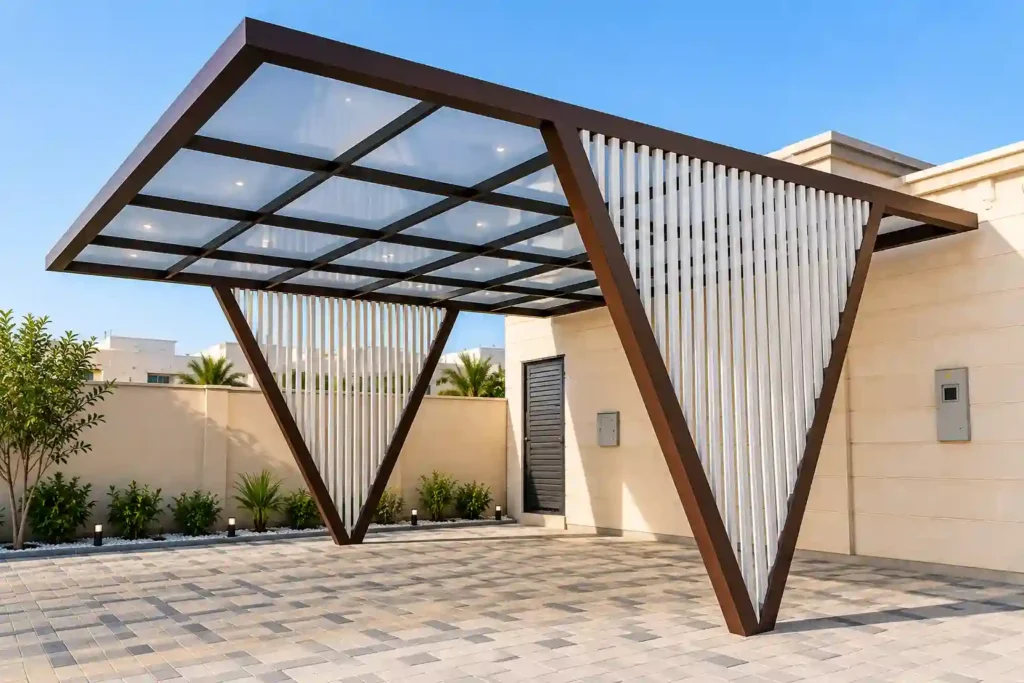 Angled shade structure for a modern outdoor courtyard.