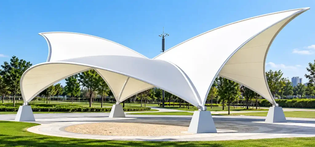 Modern white architectural tensile canopy with curved geometric design.