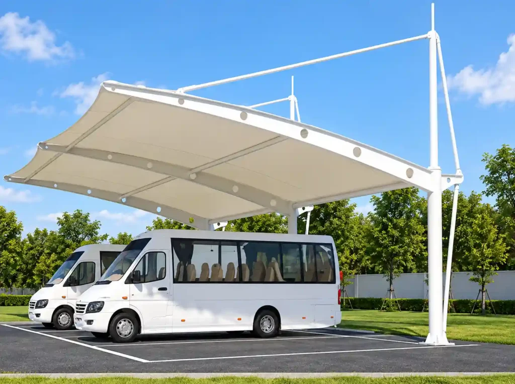 Bus parking shade structure supplied by a Shade Structure Company in Saudi Arabia.