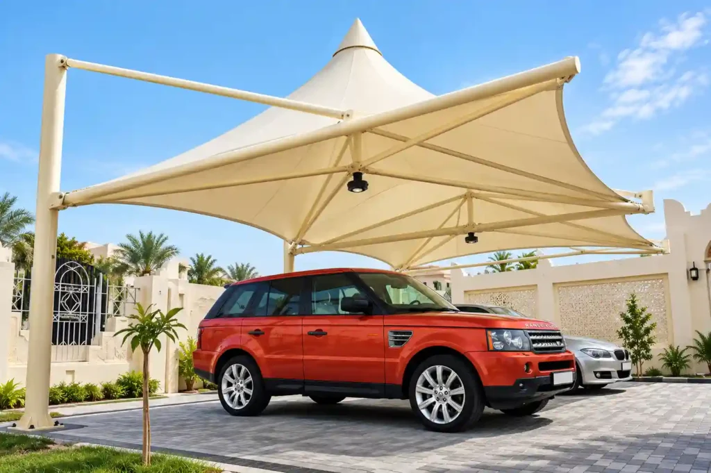 Custom car parking shade structure with covered vehicle space.