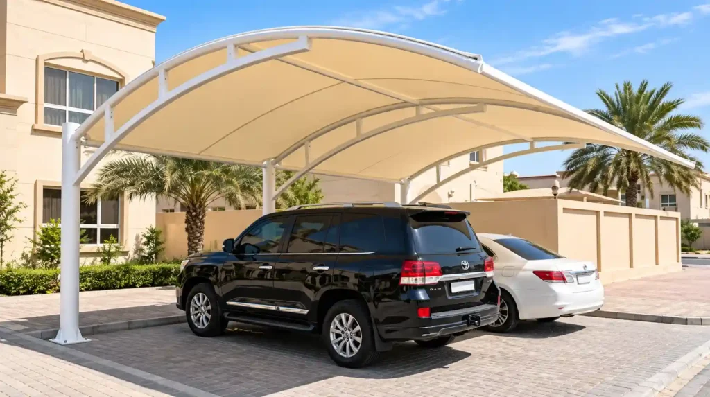 Double car parking shade structure protecting multiple vehicles.
