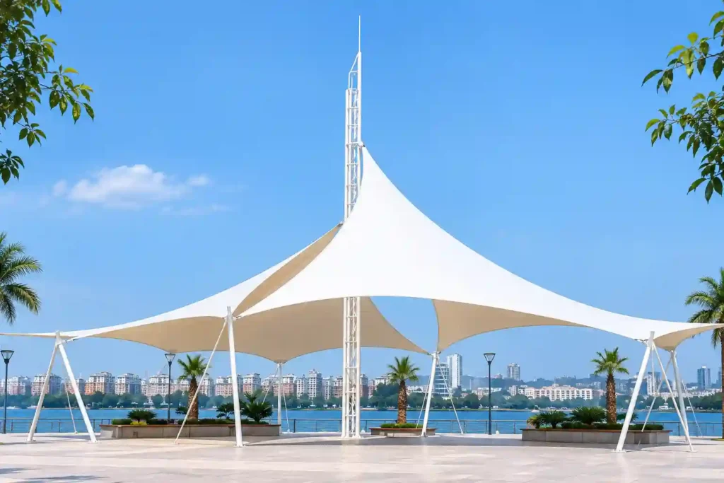 Large tensile canopy for a courtyard shade structure in Saudi Arabia.