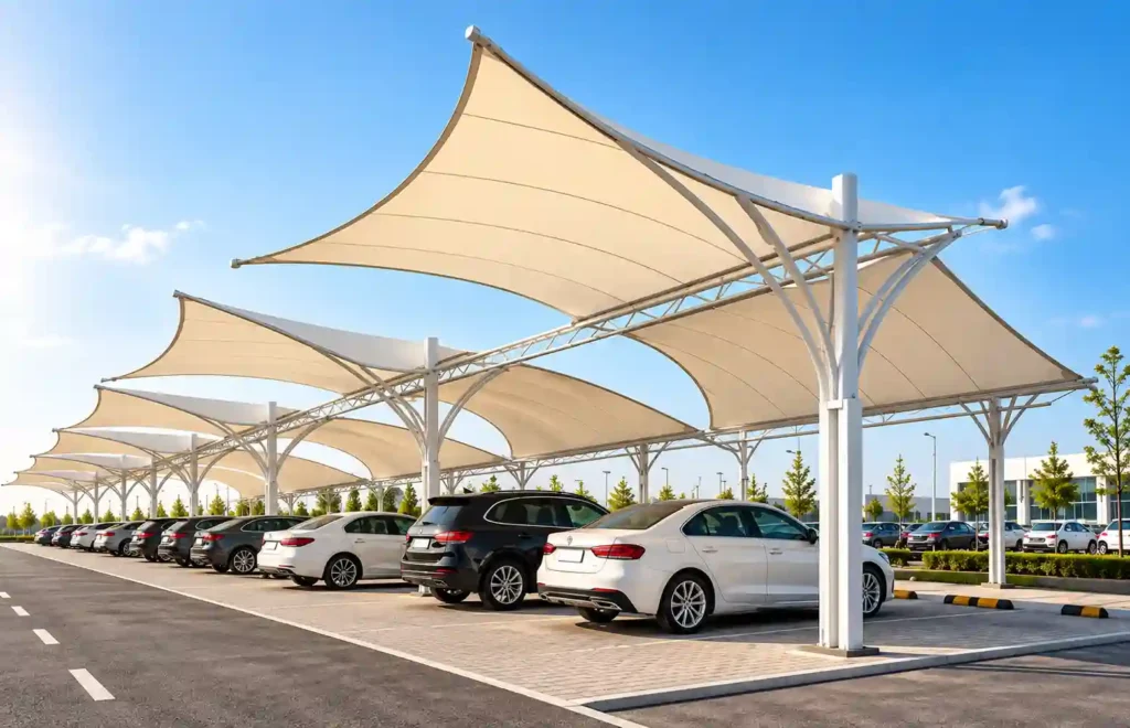 Parking shade designs for different vehicle parking spaces.