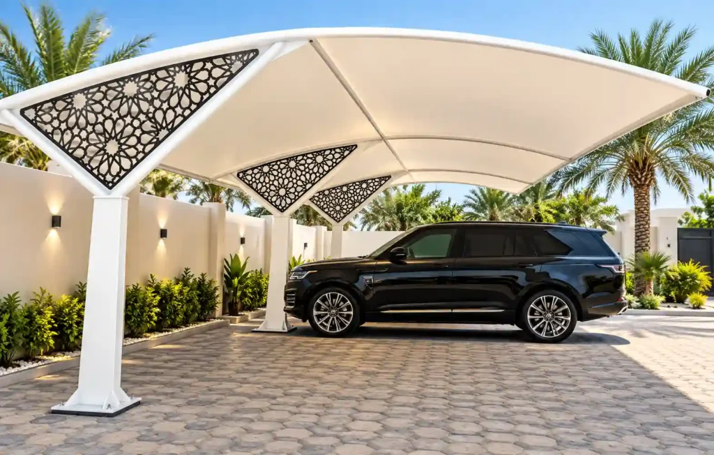 Professional shade structure for vehicle parking in Saudi Arabia.