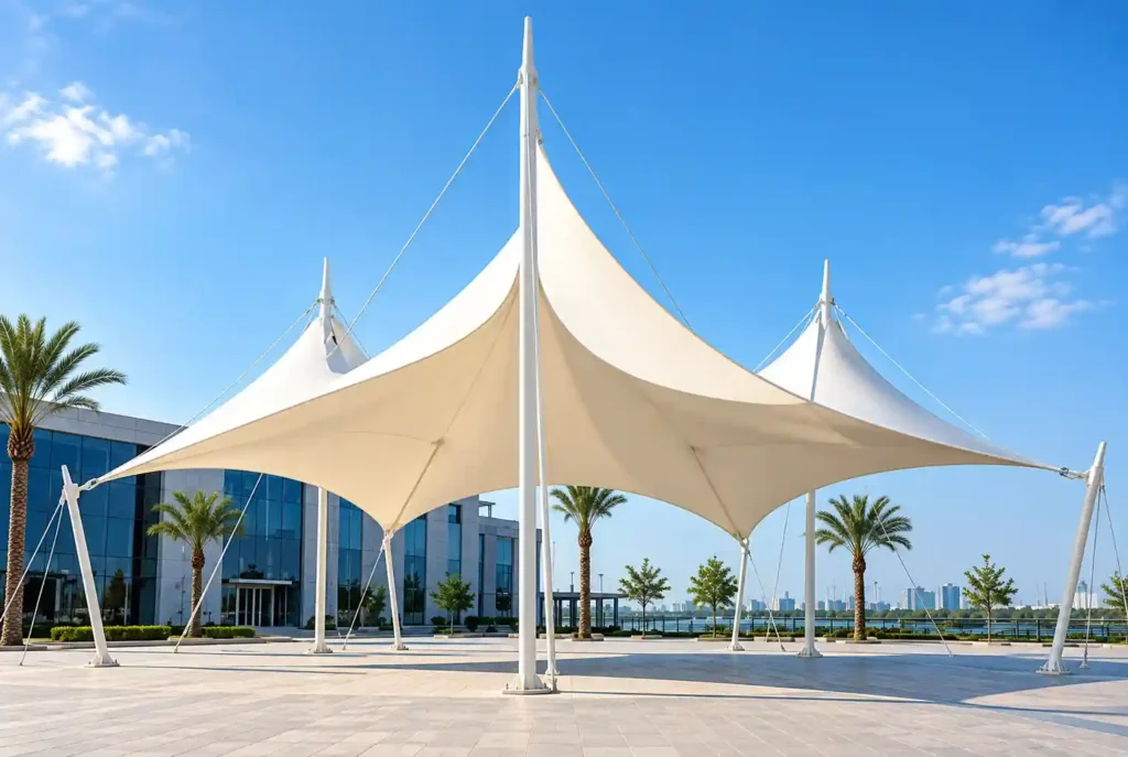 Large tensile shade structure with pointed architectural canopy.