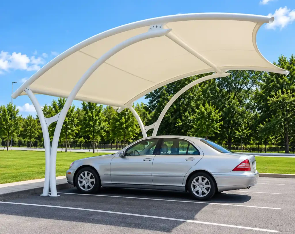 Wave roof car parking shade covering a parked sedan.