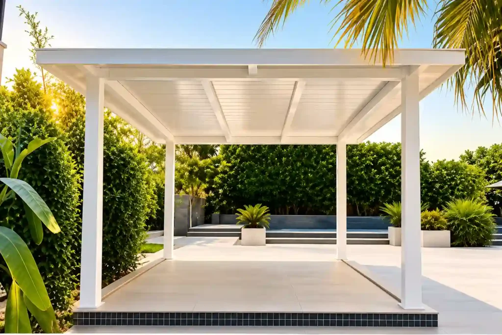 White courtyard pergola for outdoor shade.