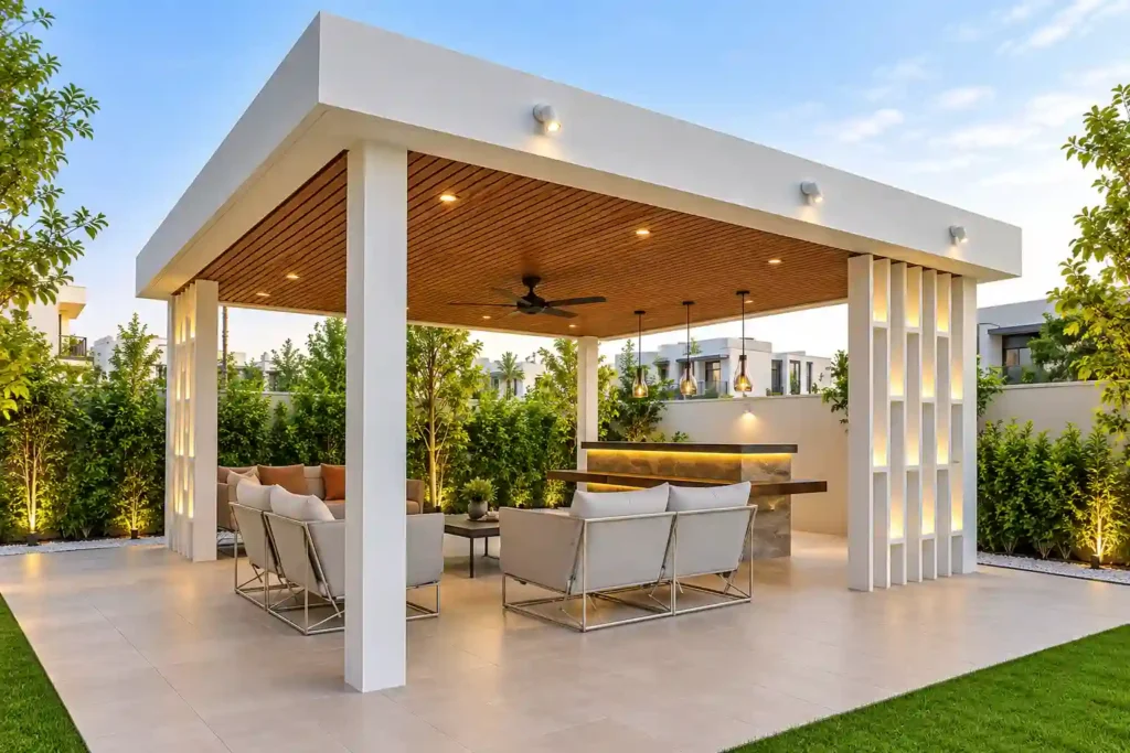 White outdoor pergola for a courtyard shade structure in Saudi Arabia.