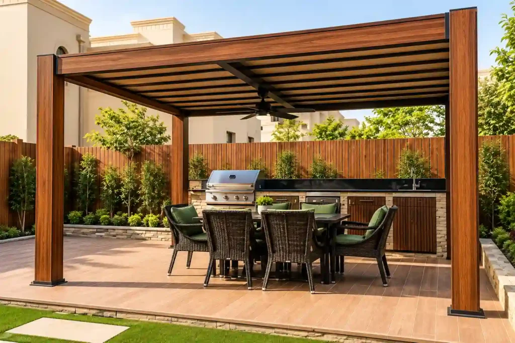 Wooden pergola providing shade in a courtyard.