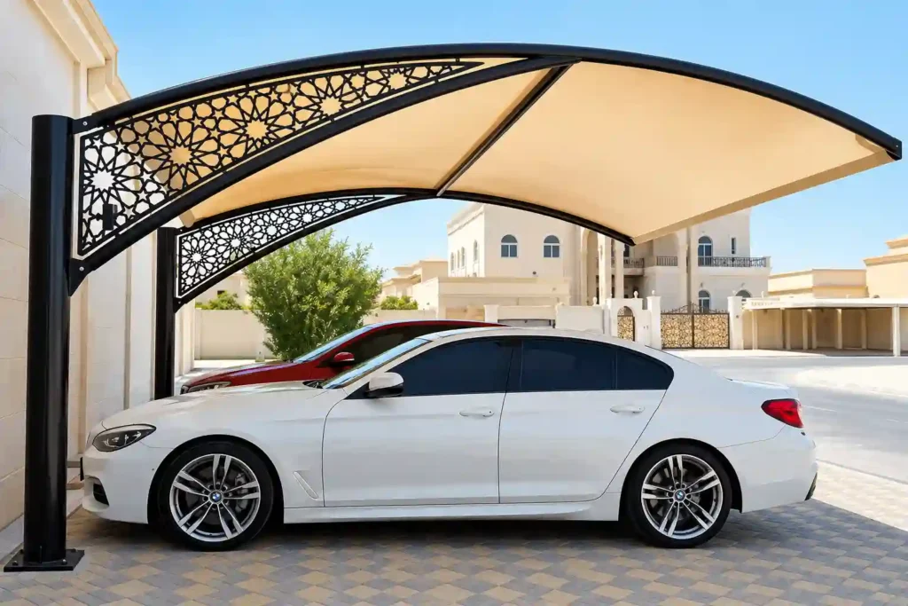 Car Shade Suppliers in Dammam providing a covered car parking shade.