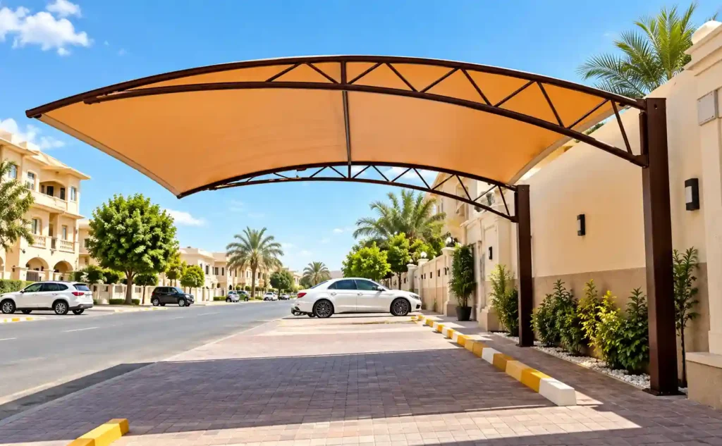 Curved parking shade for residential driveway.