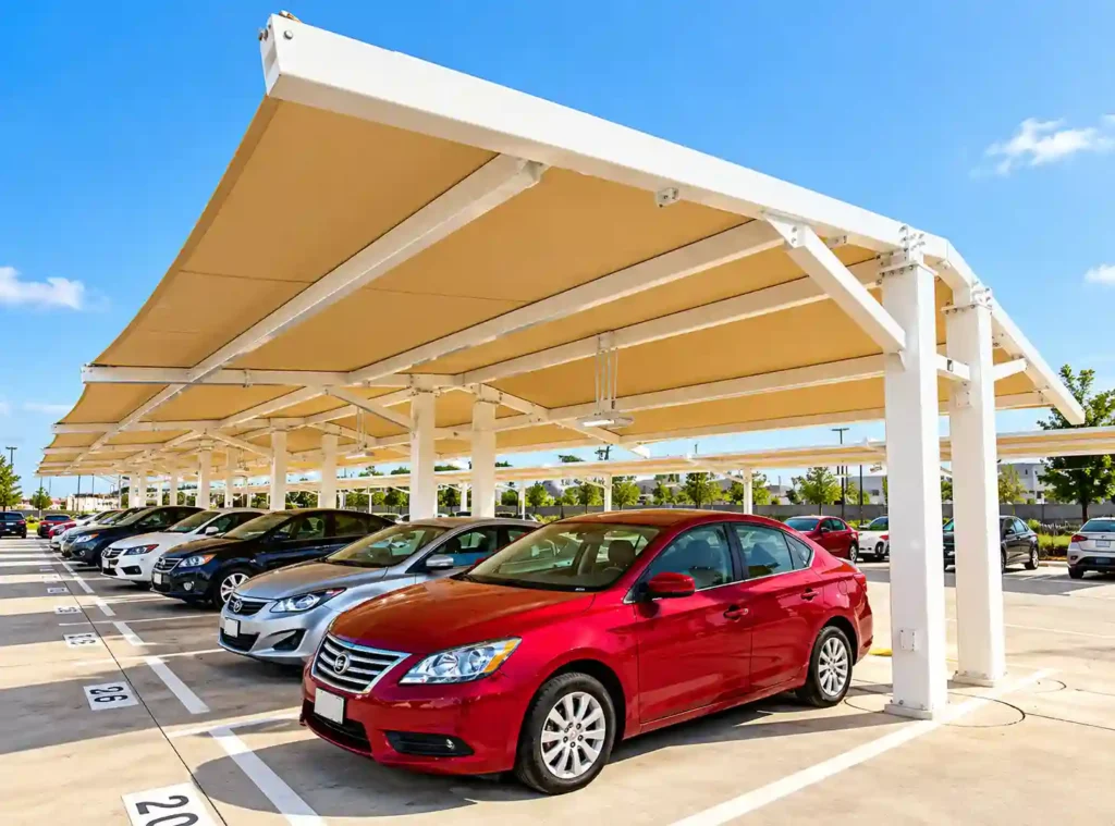 Large parking shade structure for multiple vehicle spaces.