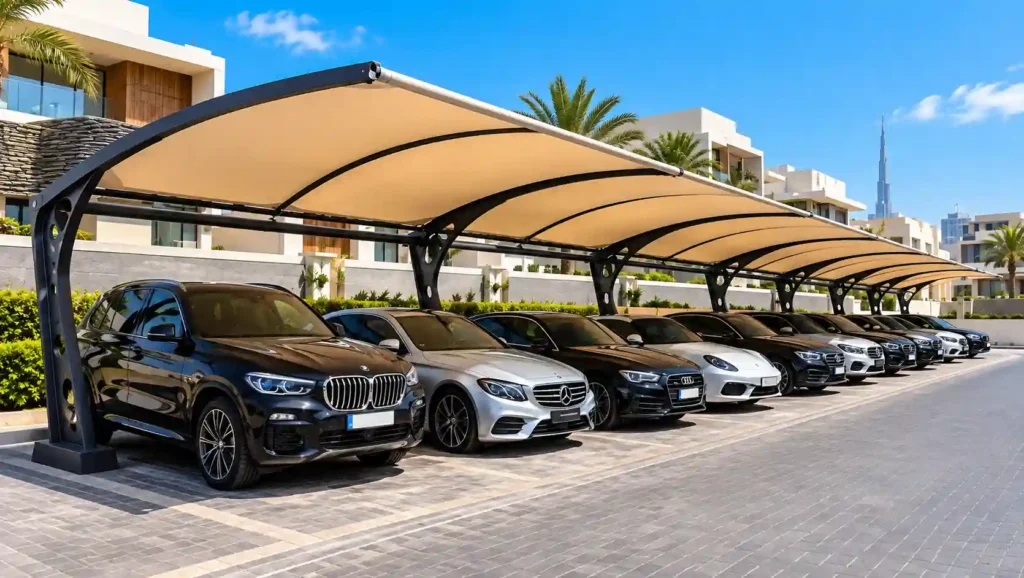 Multi-car parking shade covering several vehicles.