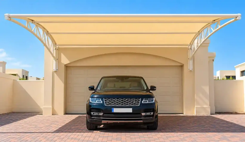 Single car parking canopy for residential vehicle protection.